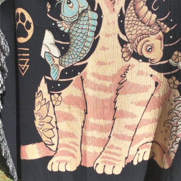 Vincent Trinidad Cat Knife Woven Blanket Tapestry Tattoo Katana Fish Japonism - Picture 4 of 10